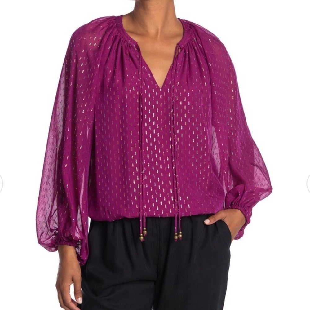 Ramy Brook Deep Fuschia Anora Metallic Fleck Silk Balloon Sleeves Blouse XXS - Picture 3 of 10